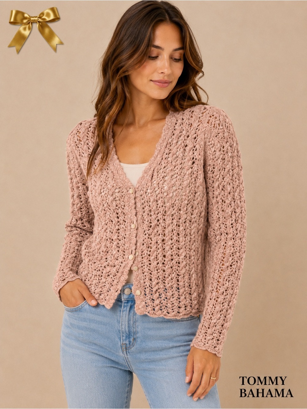 Tommy Bahama Crochet Cardigan Merino Wool Blend XS